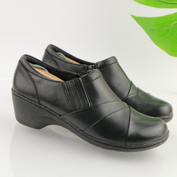 Clark Womens Channing Essa Bootie Size 7.5 Black Leather Loafer Wedge Heel Clogs - Picture 11 of 12